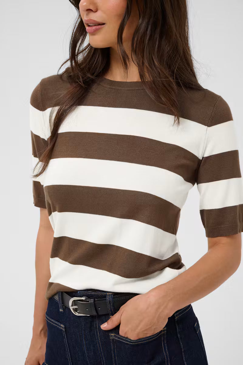 Striped Short Sleeve Fine Knit Jumper - Grey & Ivory or Brown & Ivory