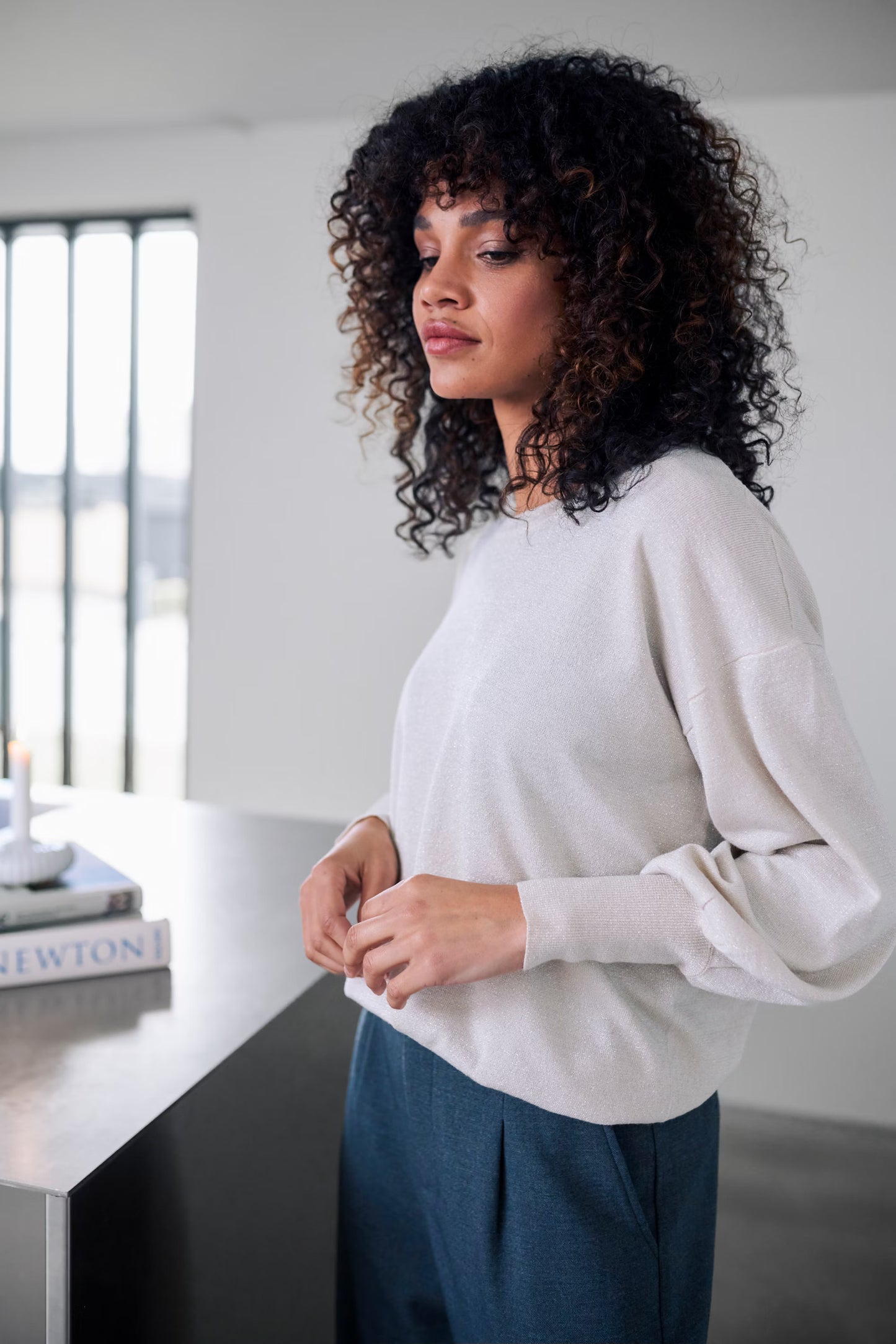 Metallic Thread Long Sleeve Fine Knit Jumper - Chalk / Silver / Red