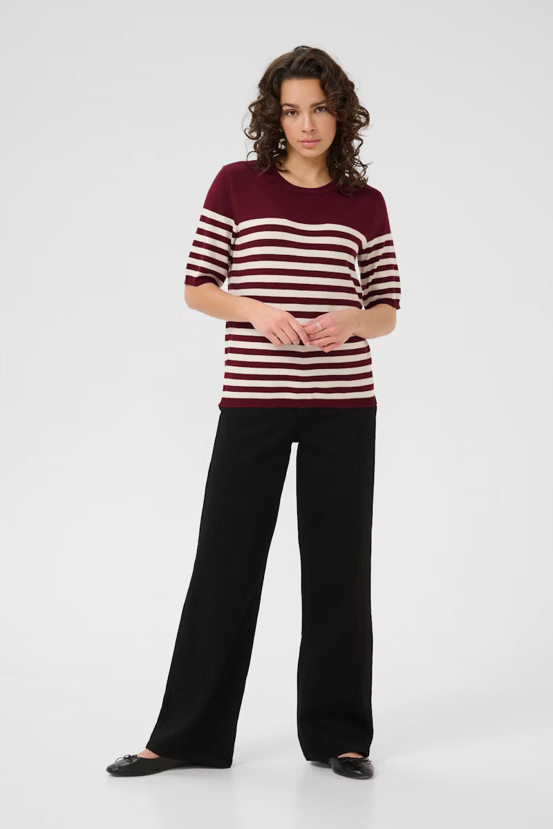 Wine & Ivory Short Sleeve Fine Knit Jumper