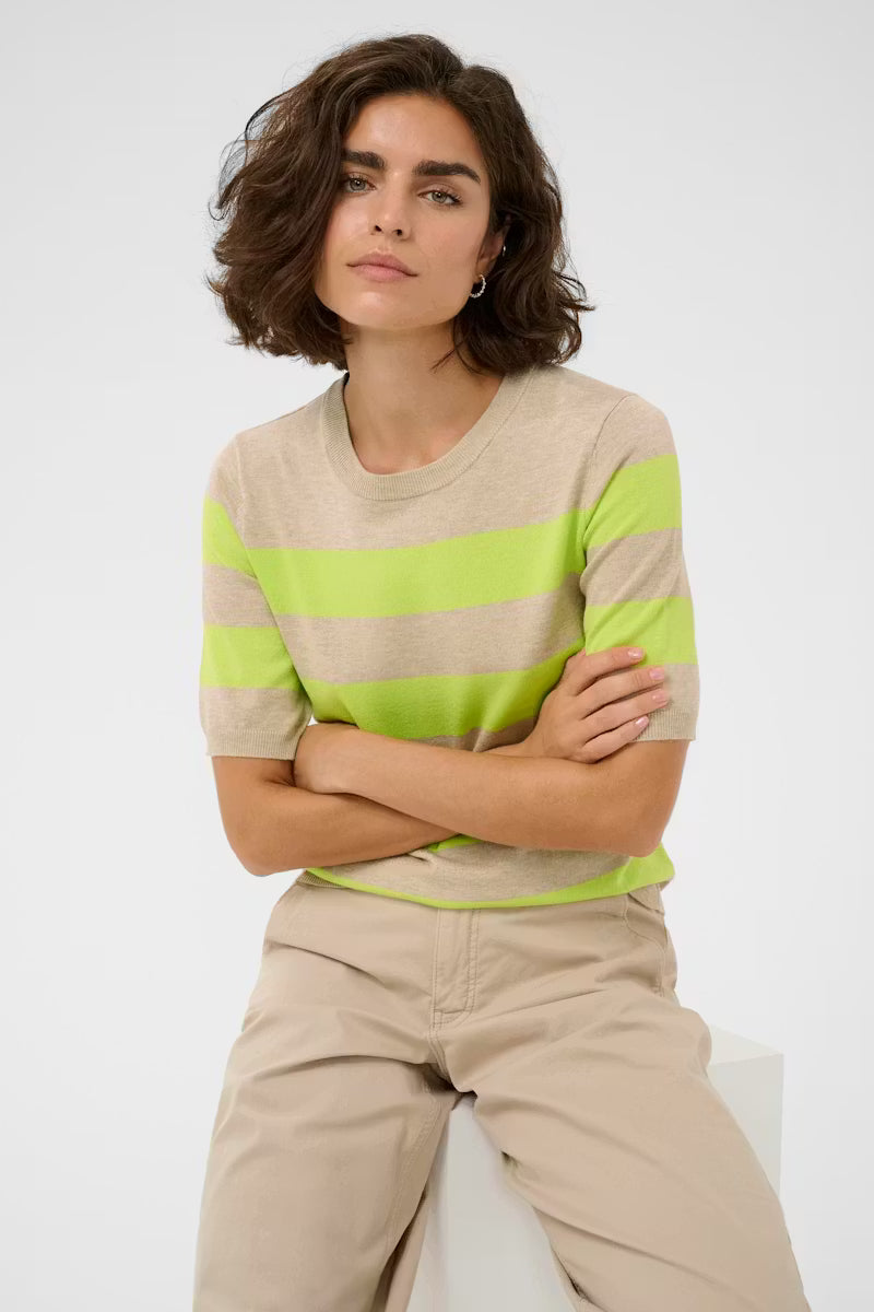 Lime & Beige Striped Long Sleeve Fine Knit Jumper