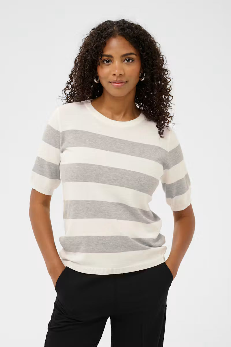 Striped Short Sleeve Fine Knit Jumper - Grey & Ivory or Brown & Ivory