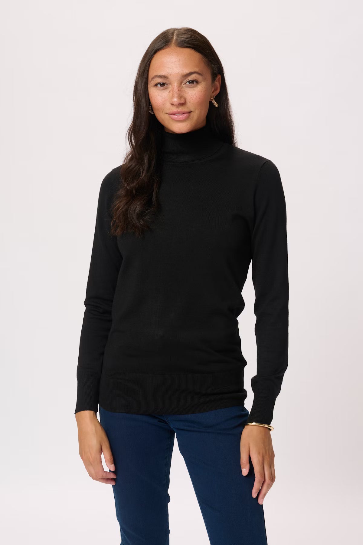 Long Sleeve Fine Knit Polo Neck - Black