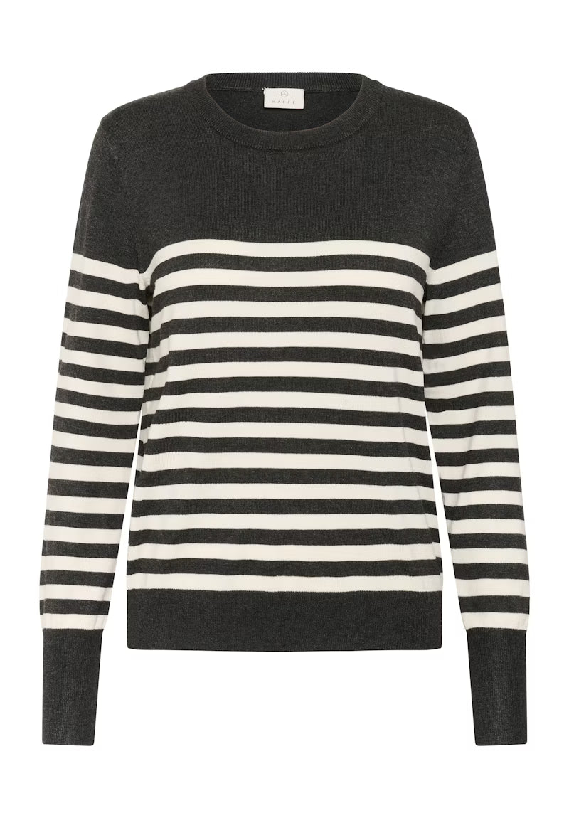 Grey & Ivory Striped Long Sleeve Fine Knit Jumper