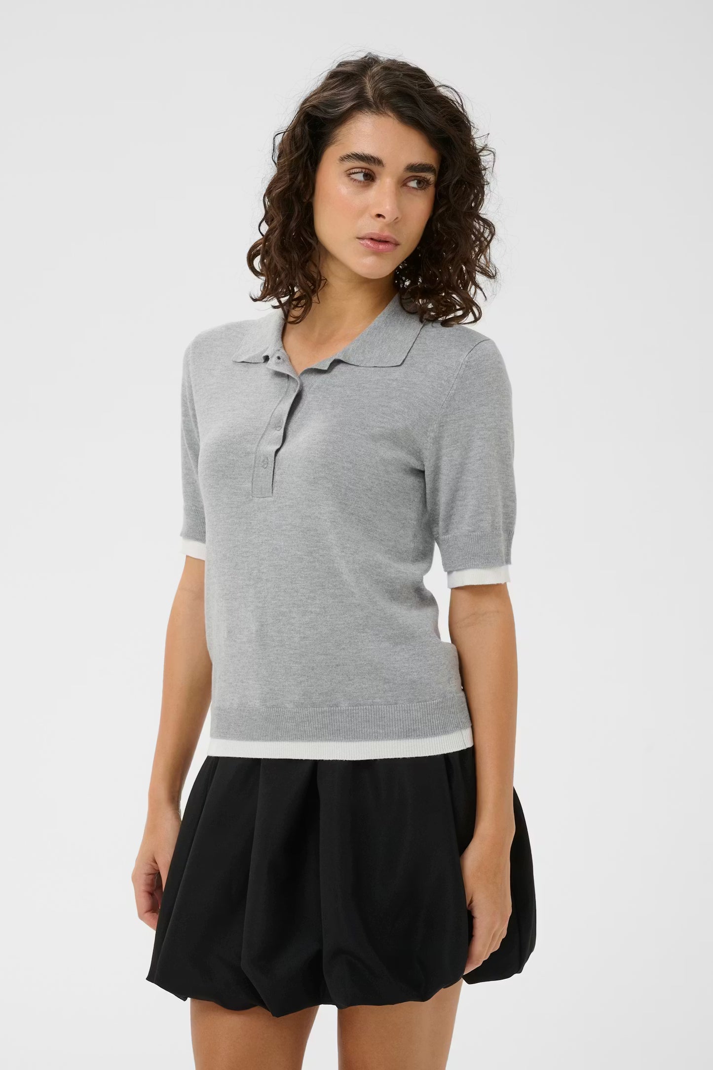 Fine Knit Polo Top - Grey