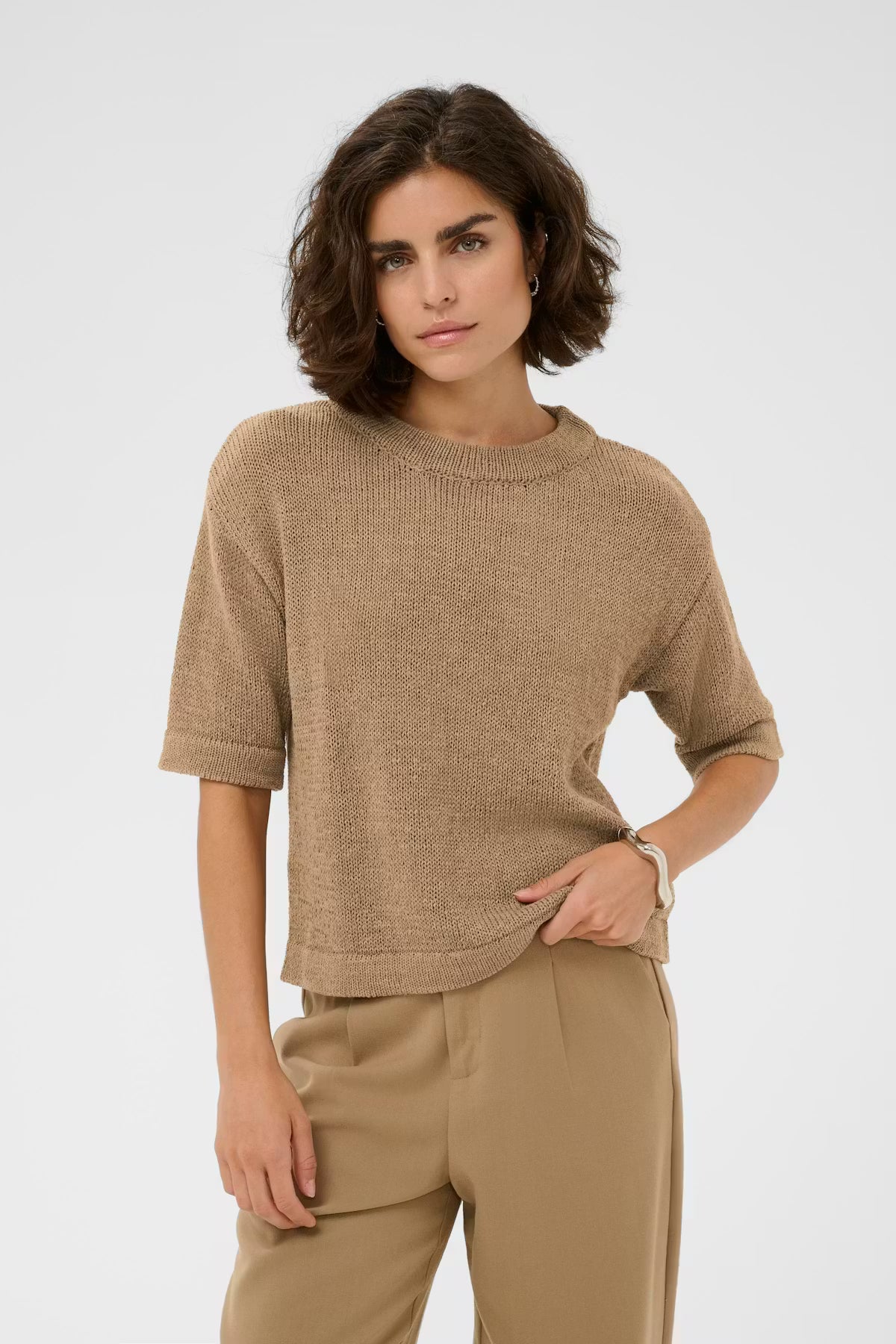Short Sleeve Round Neck Cotton Mix Jumper - Hazel