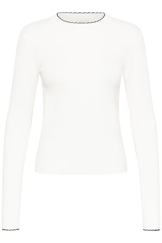 Long Sleeve Fine Knit Polo Neck - Ivory With Black Trim
