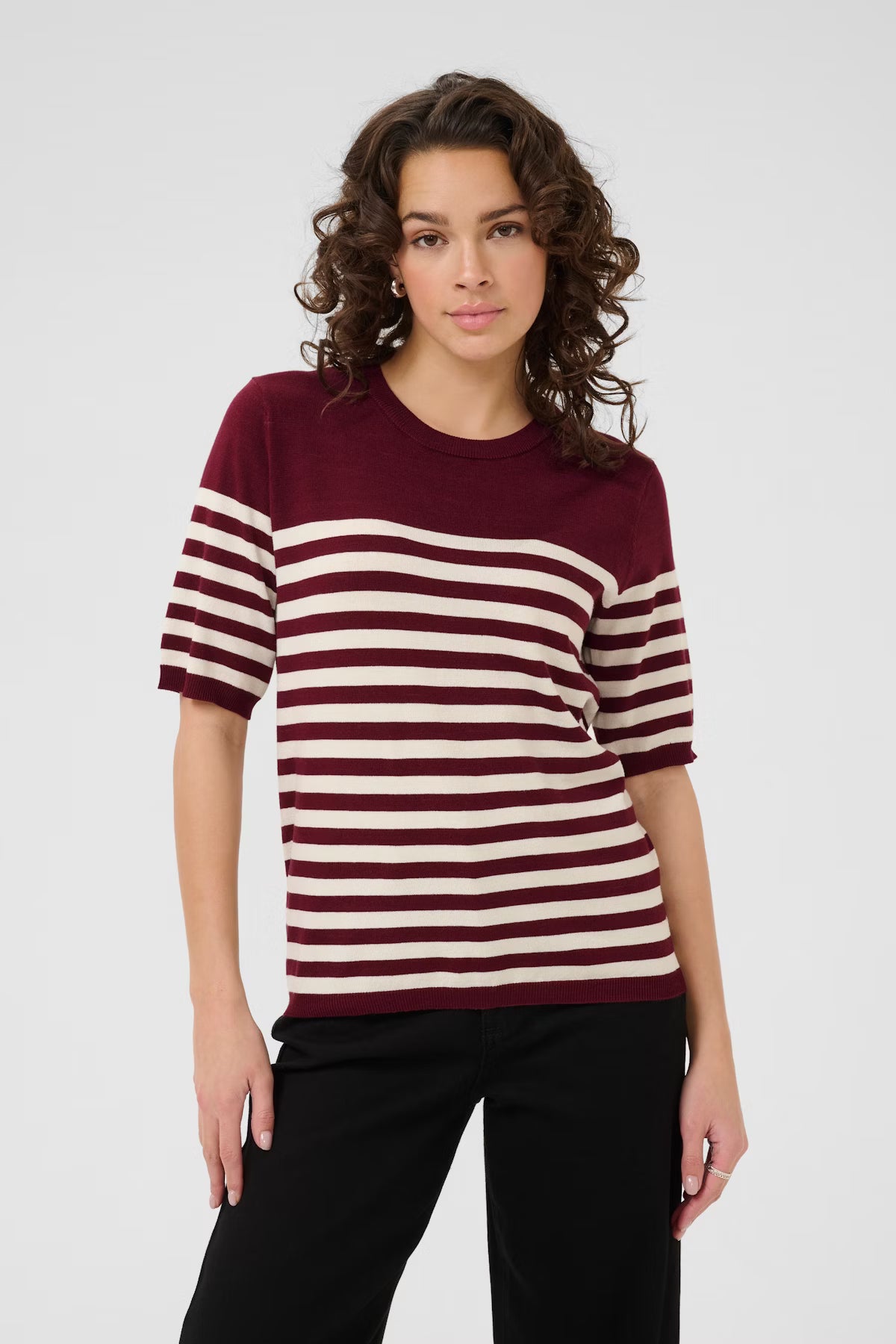 Wine & Ivory Short Sleeve Fine Knit Jumper