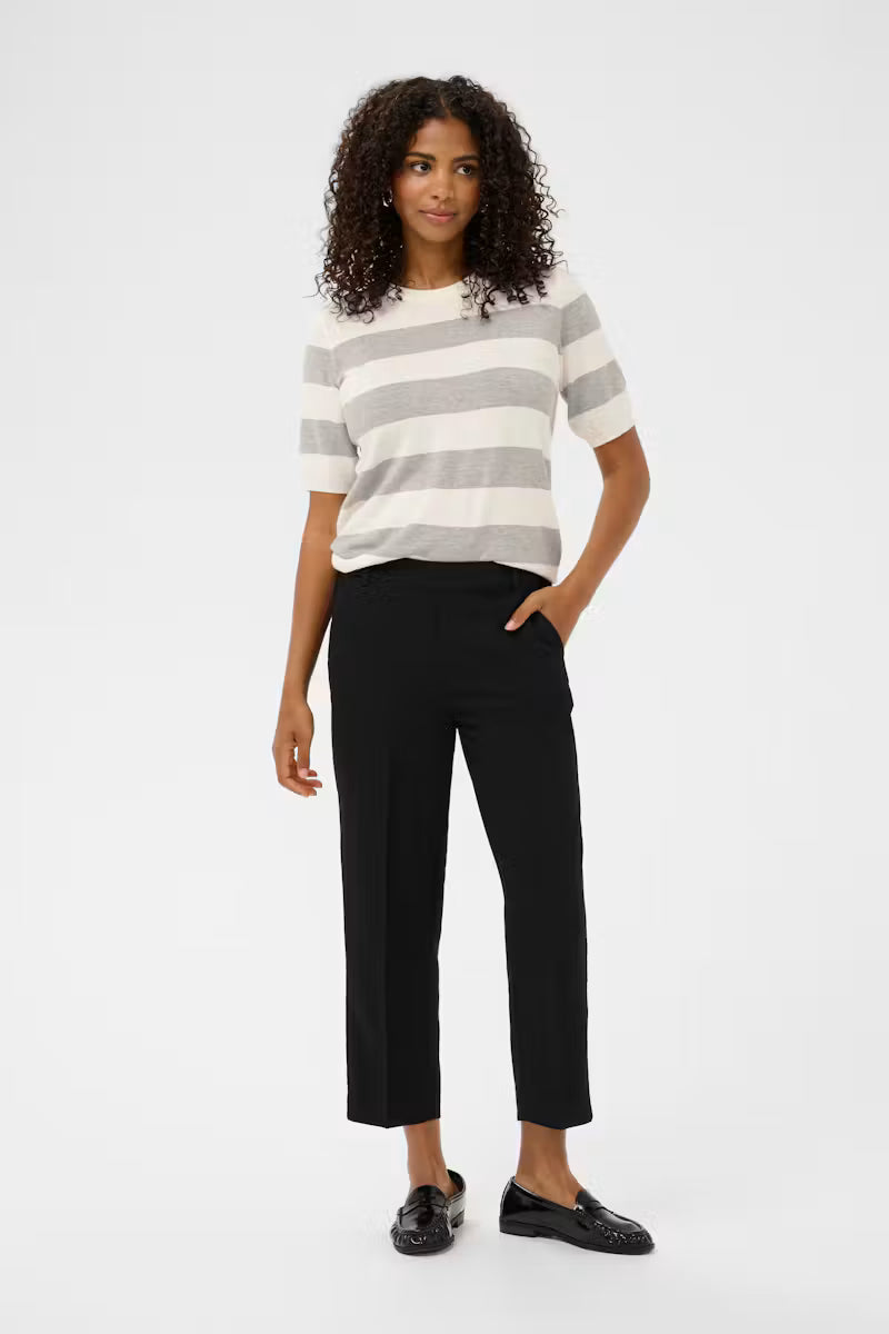 Striped Short Sleeve Fine Knit Jumper - Grey & Ivory or Brown & Ivory