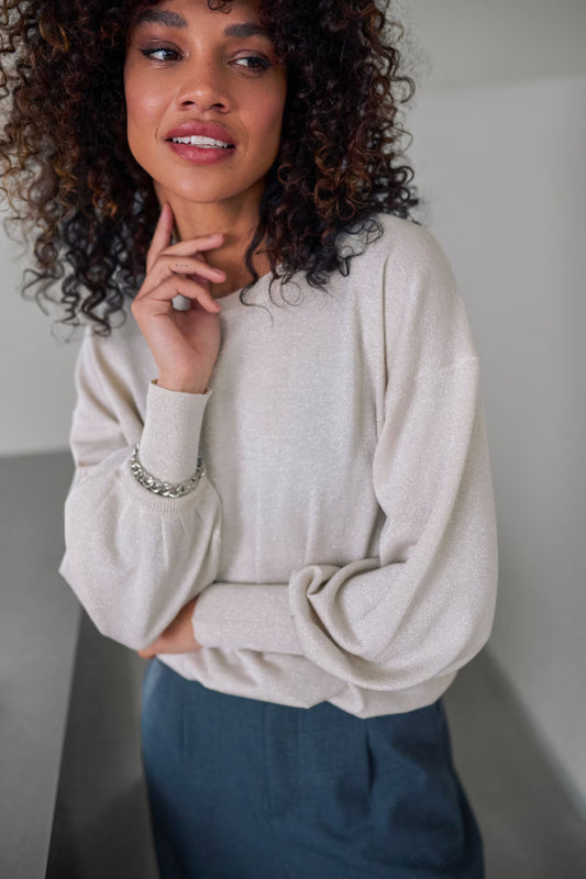 Metallic Thread Long Sleeve Fine Knit Jumper - Chalk / Silver / Red