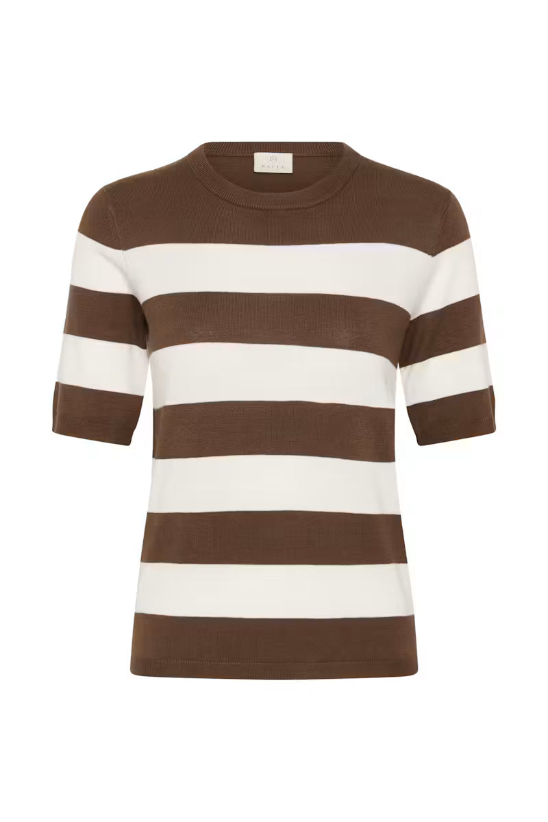 Striped Short Sleeve Fine Knit Jumper - Grey & Ivory or Brown & Ivory
