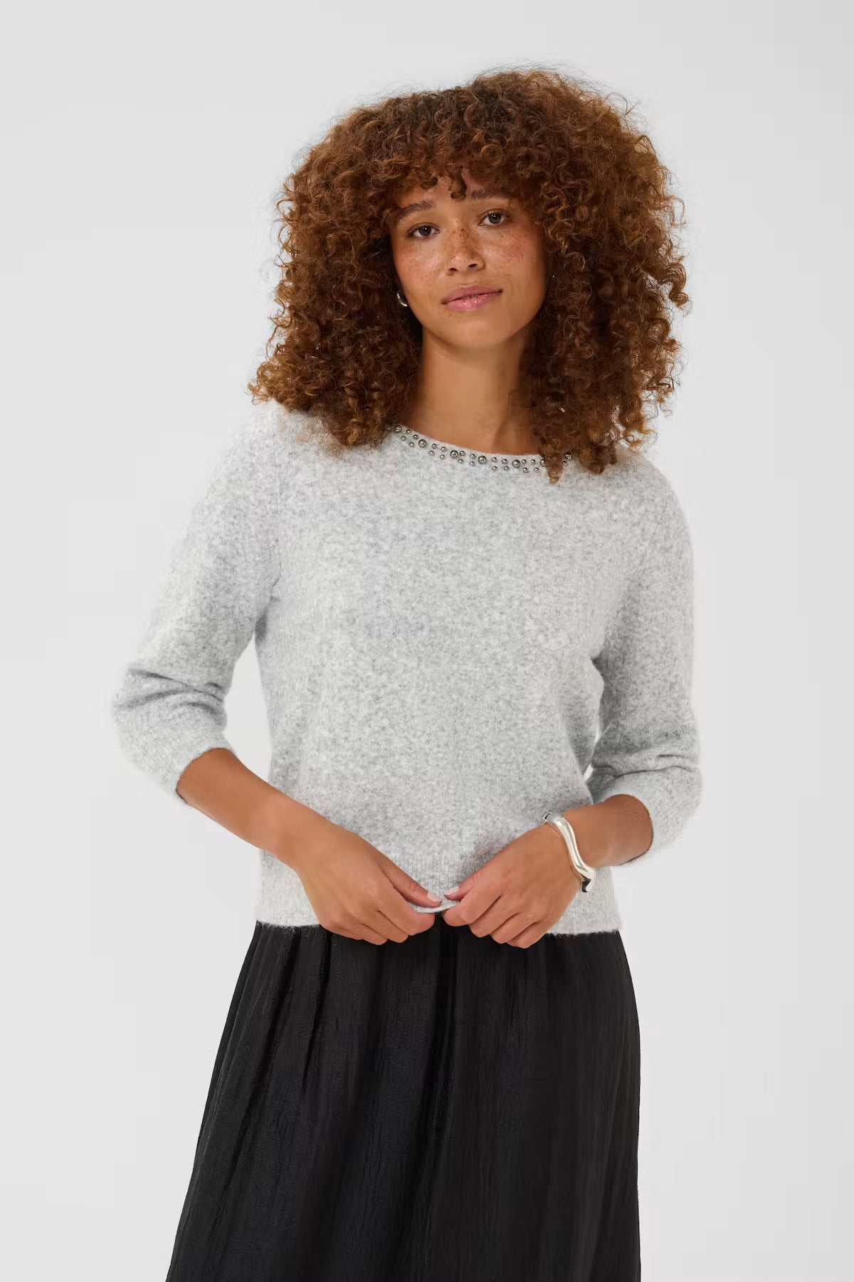 Elbow Length Embellished Round Neck Jumper - Wine, Marl Grey or Ivory