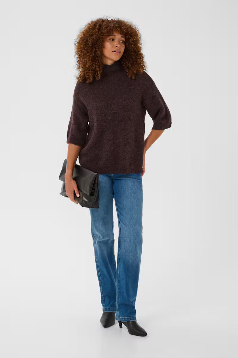 Wine Turtle Neck Elbow Length Sleeve Jumper