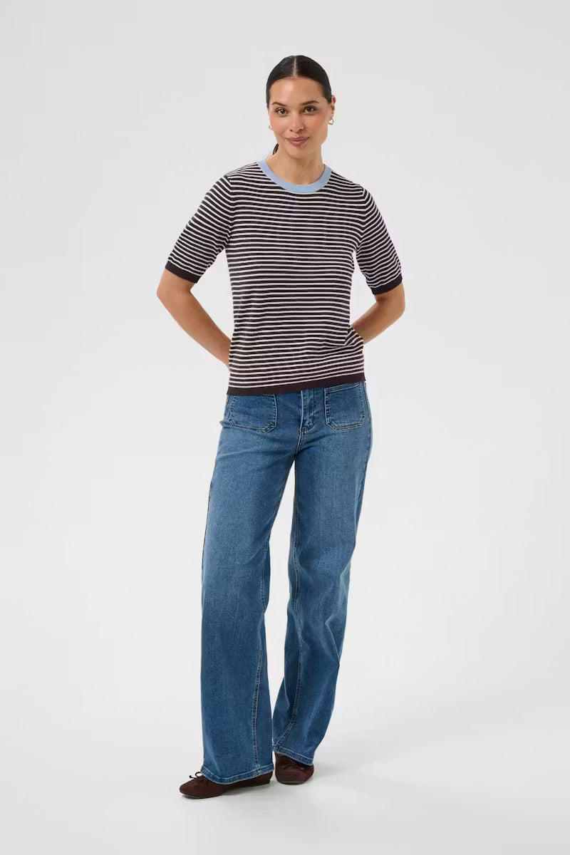 Black, White & Orange or Chocolate, Ivory & Baby Blue Short Sleeve Fine Knit Jumper