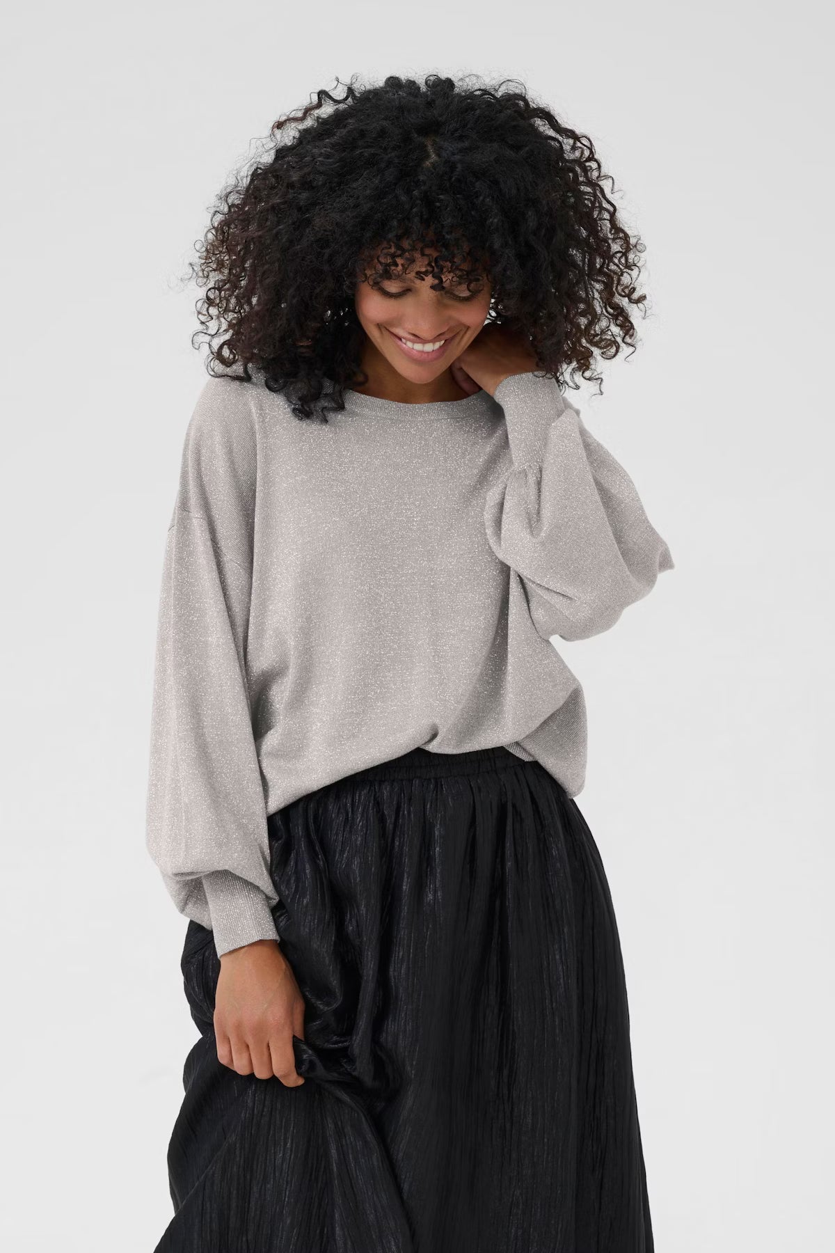 Metallic Thread Long Sleeve Fine Knit Jumper - Chalk / Silver / Red