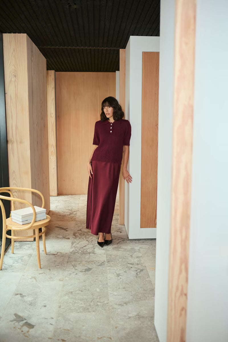 Wine Satin Maxi Skirt
