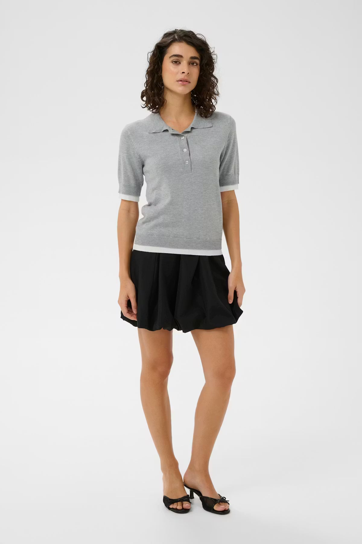 Fine Knit Polo Top - Grey