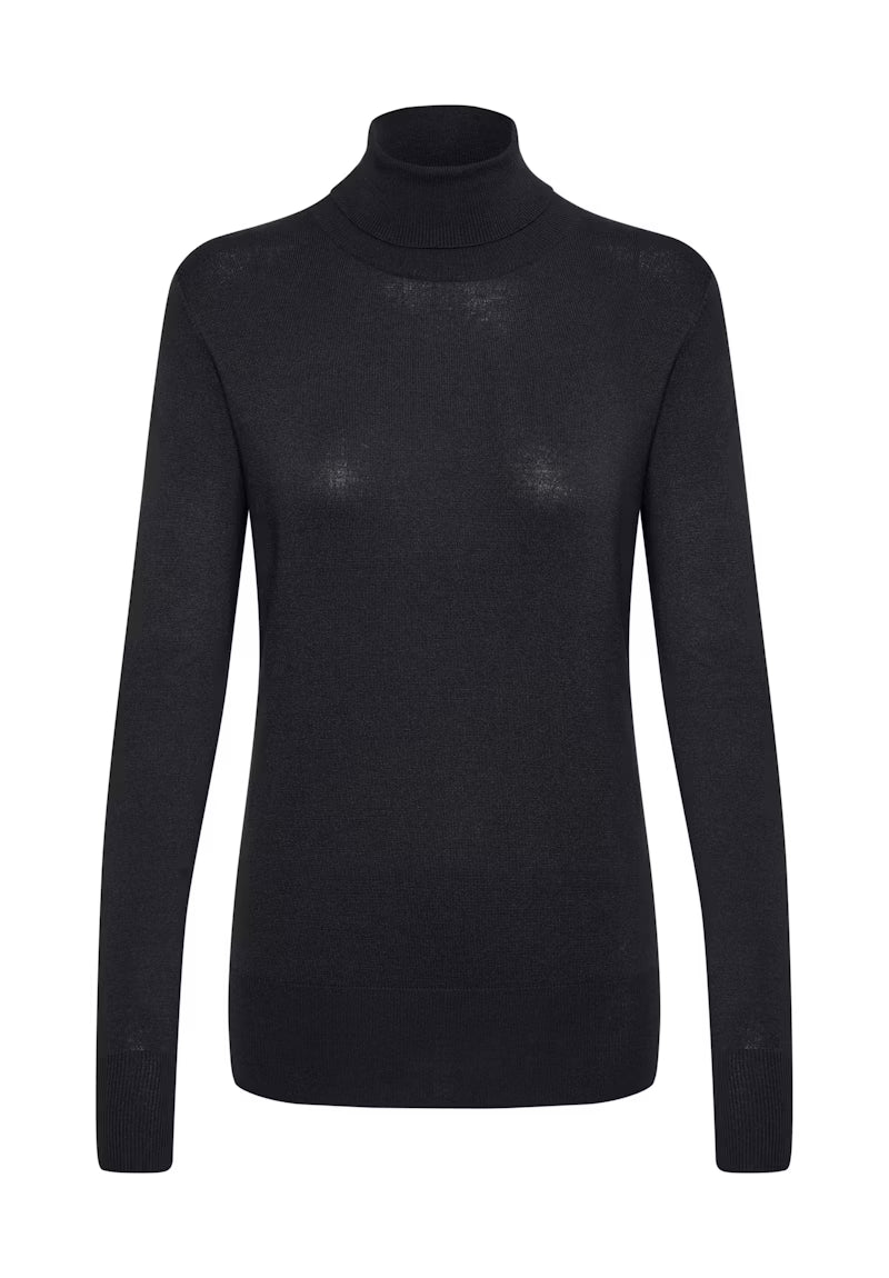 Long Sleeve Fine Knit Polo Neck - Black