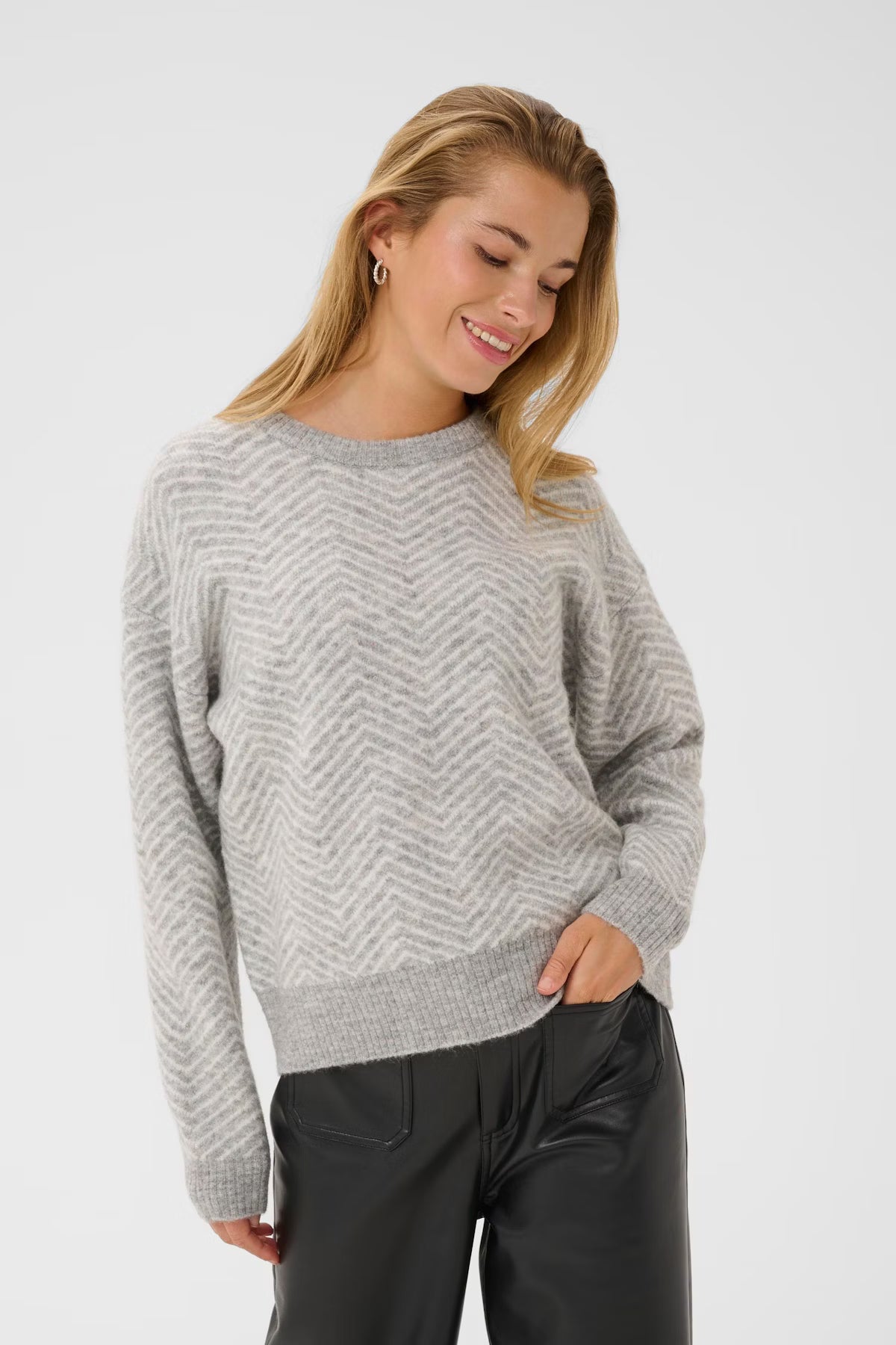 Grey & Ivory Round Neck Long Sleeve Jumper