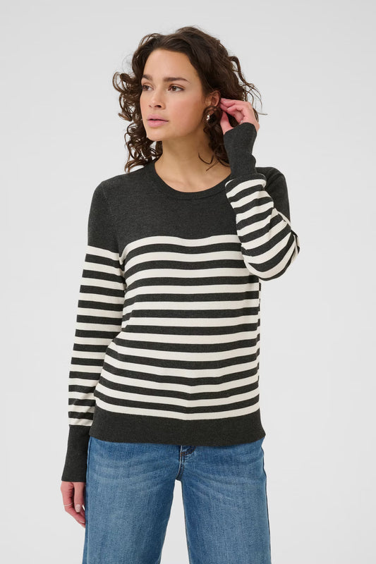Grey & Ivory Striped Long Sleeve Fine Knit Jumper