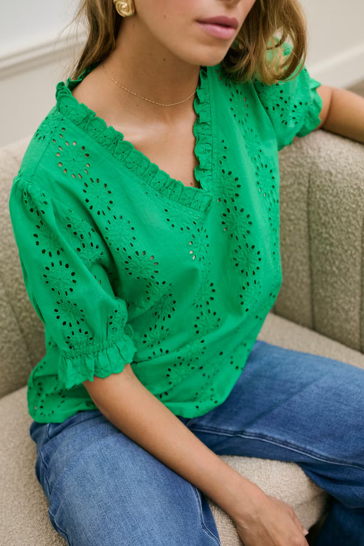 Short Sleeve Embroidery Blouse - White or Green