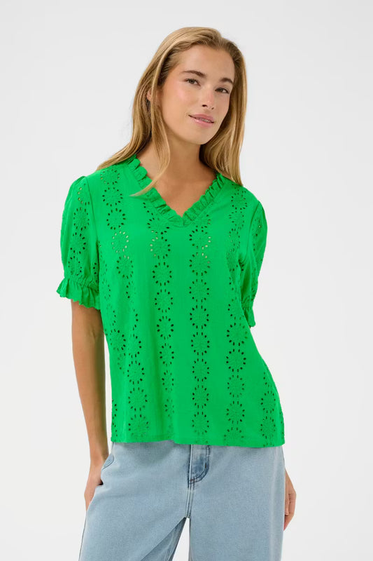 Short Sleeve Embroidery Blouse - White or Green