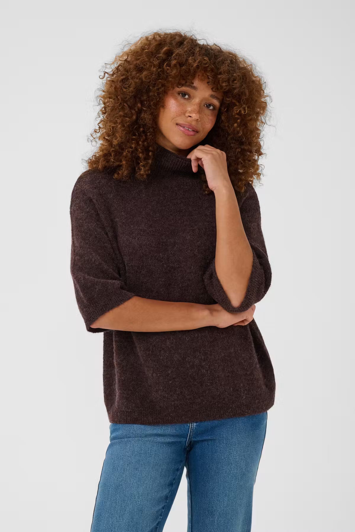 Wine Turtle Neck Elbow Length Sleeve Jumper