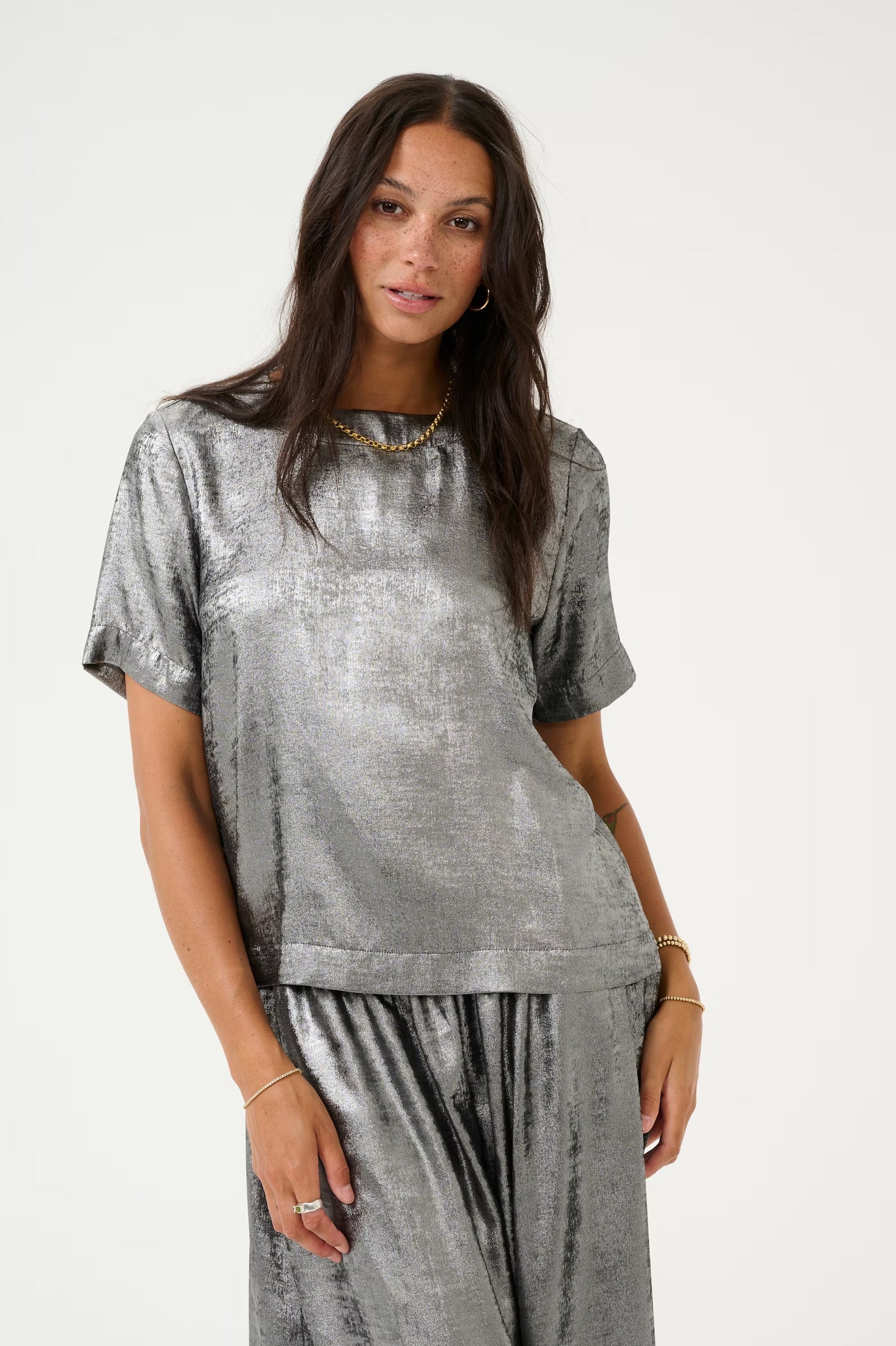 Metallic Crew Neck Top with Mid Length Sleeves - Silver