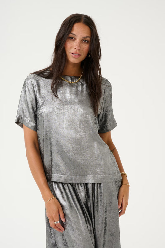 Metallic Crew Neck Top with Mid Length Sleeves - Silver
