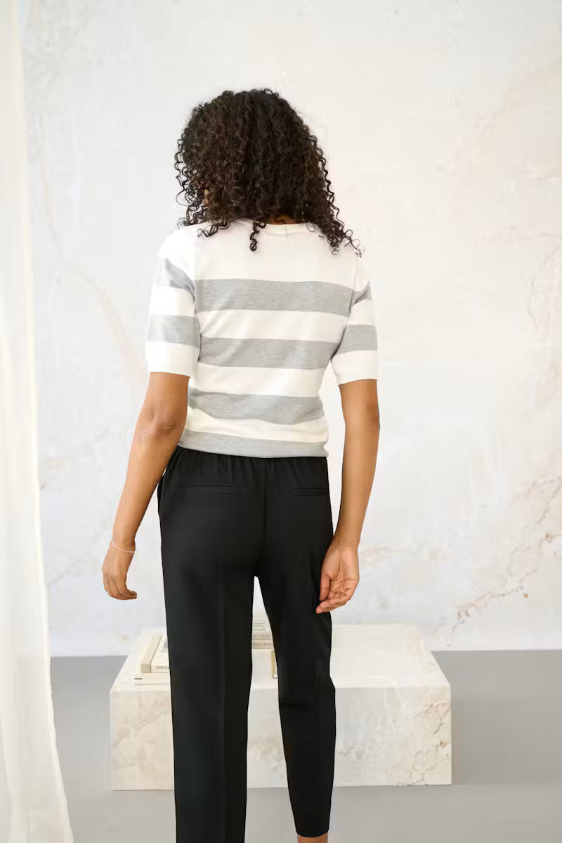 Striped Short Sleeve Fine Knit Jumper - Grey & Ivory or Brown & Ivory