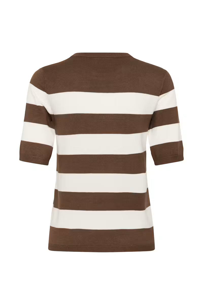 Striped Short Sleeve Fine Knit Jumper - Grey & Ivory or Brown & Ivory