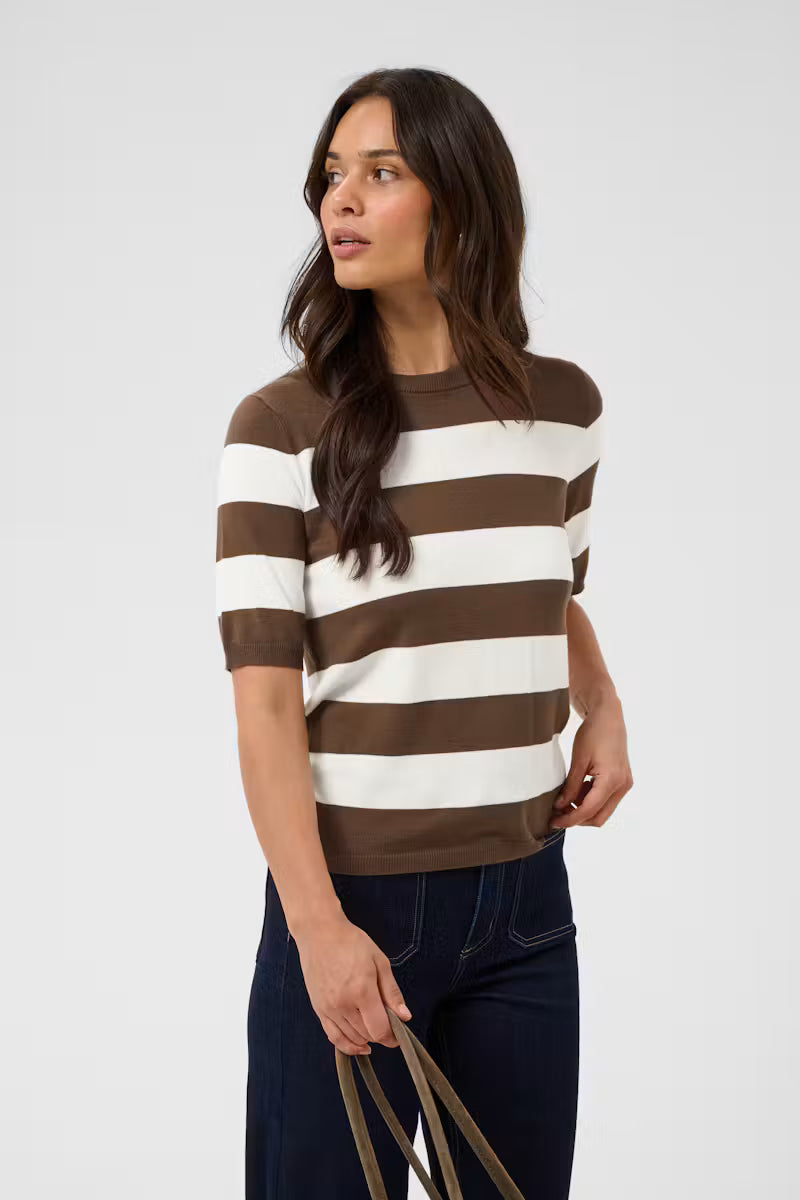 Striped Short Sleeve Fine Knit Jumper - Grey & Ivory or Brown & Ivory