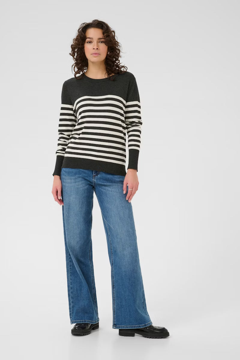 Grey & Ivory Striped Long Sleeve Fine Knit Jumper