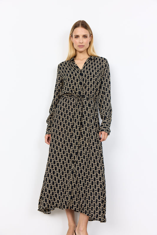 Black & Light Tan Geometric Print Shirt Dress