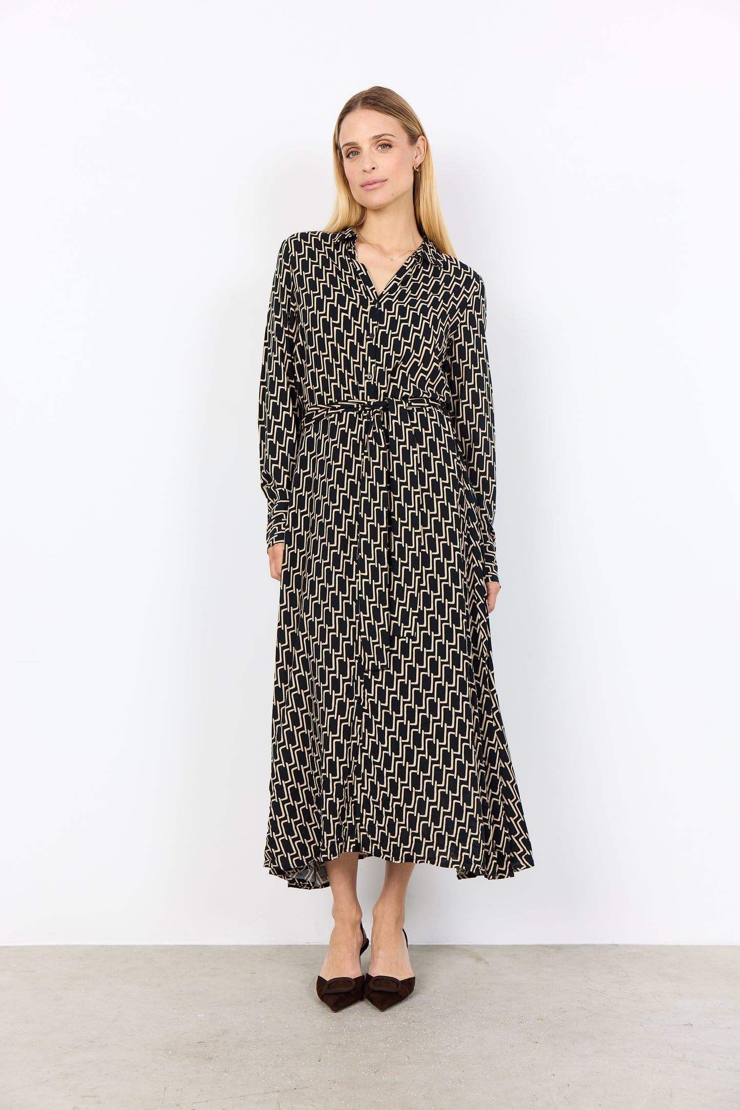 Black & Light Tan Geometric Print Shirt Dress