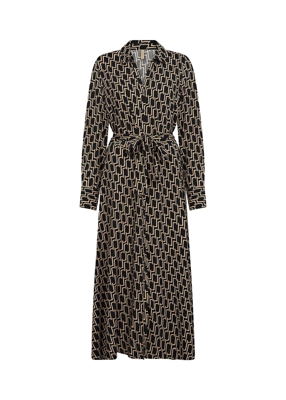 Black & Light Tan Geometric Print Shirt Dress