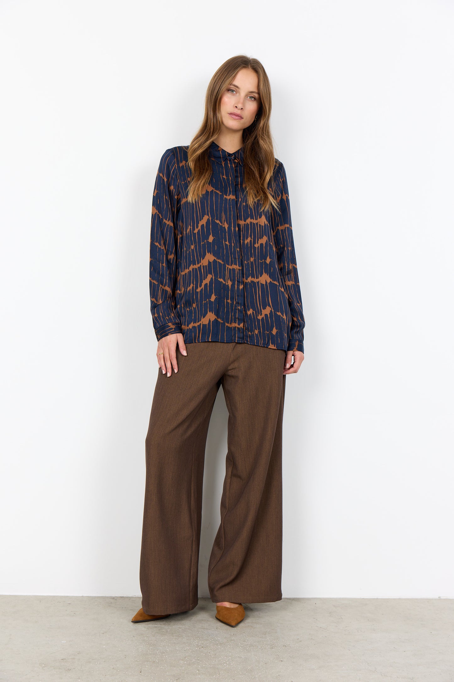 Satin Long Sleeve Shirt - Navy & Camel or Black and Beige