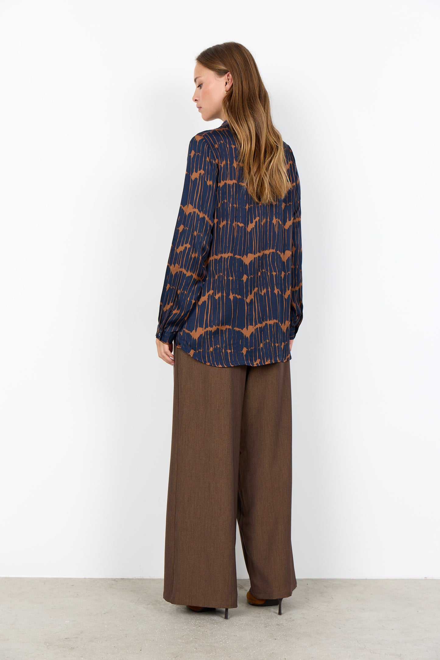 Satin Long Sleeve Shirt - Navy & Camel or Black and Beige