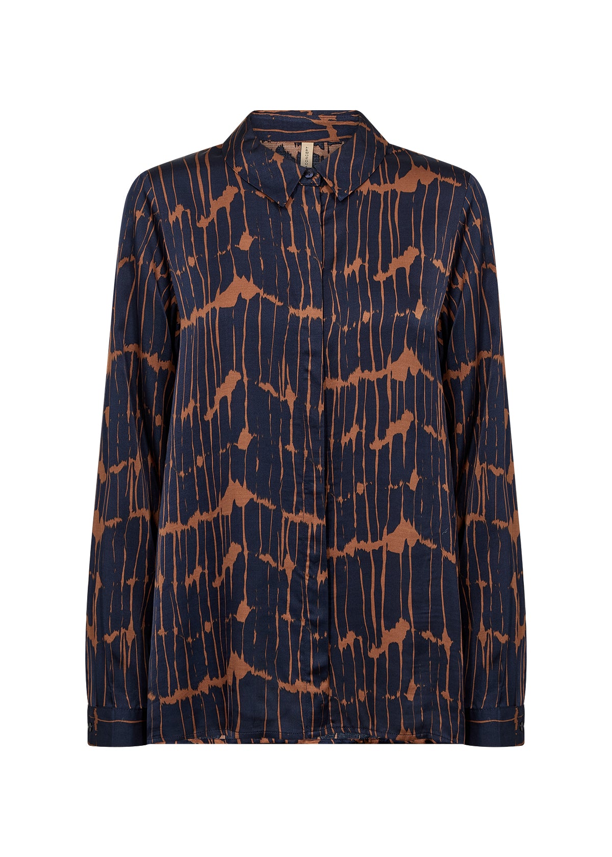 Satin Long Sleeve Shirt - Navy & Camel or Black and Beige