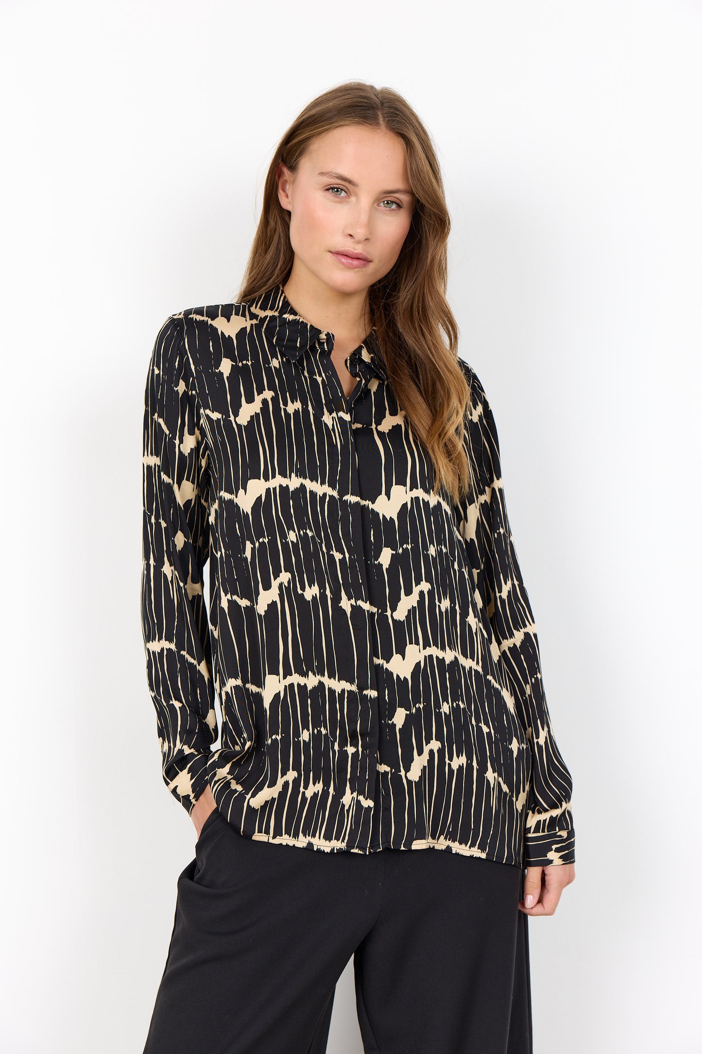 Satin Long Sleeve Shirt - Navy & Camel or Black and Beige