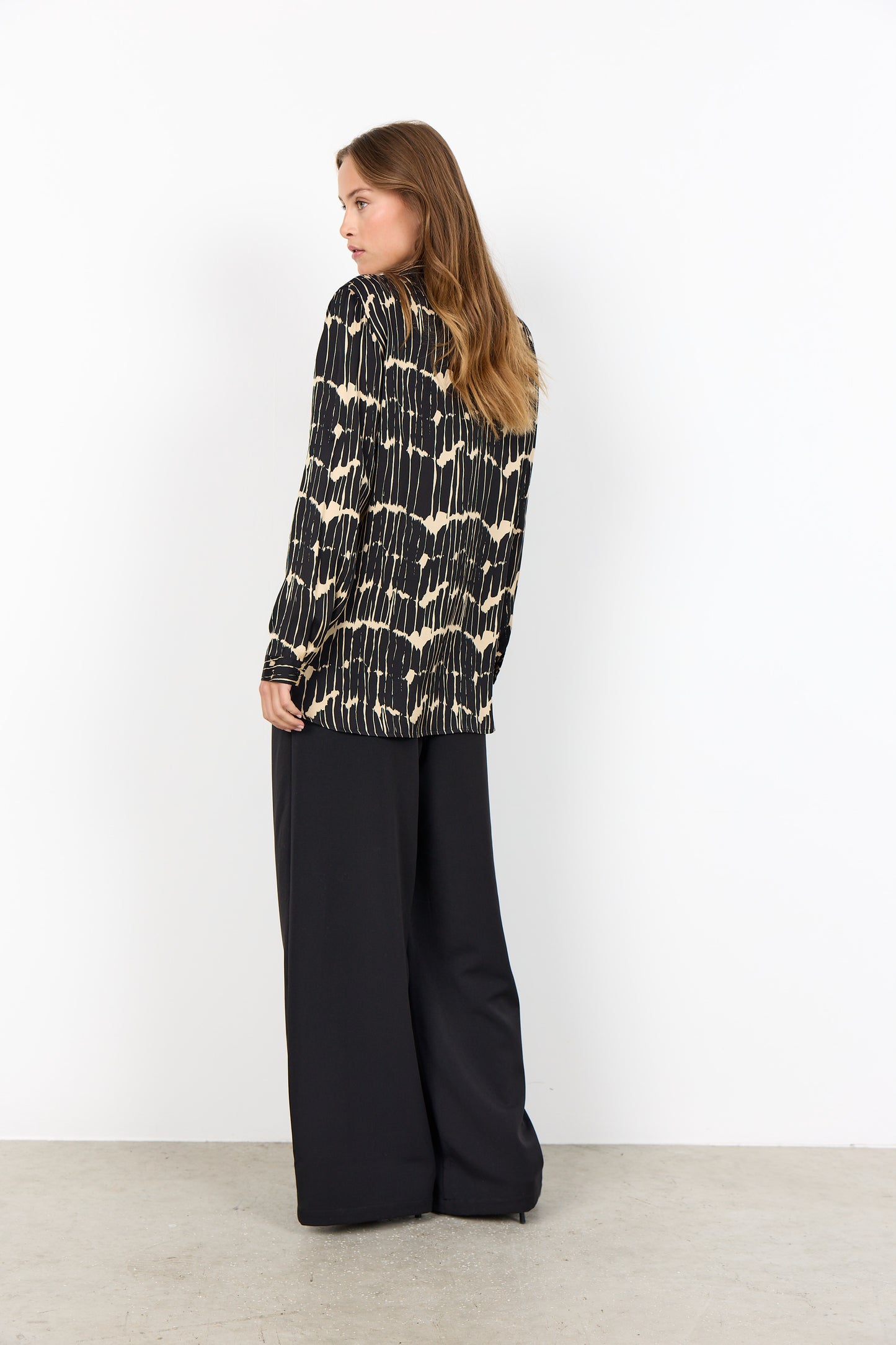 Satin Long Sleeve Shirt - Navy & Camel or Black and Beige