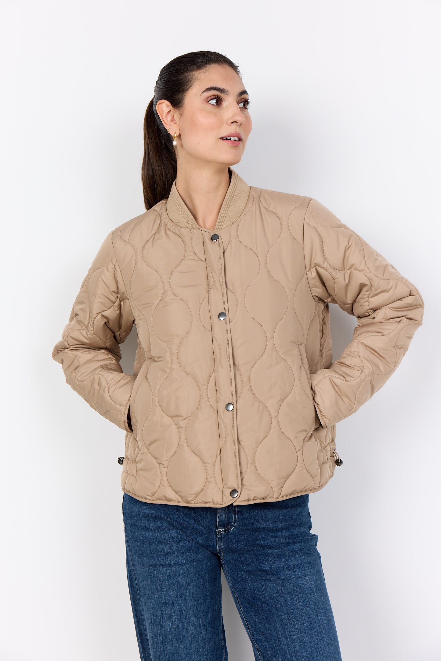 Soya Concept Waist Length Quilted Jacket In Navy, Beige & Toffee