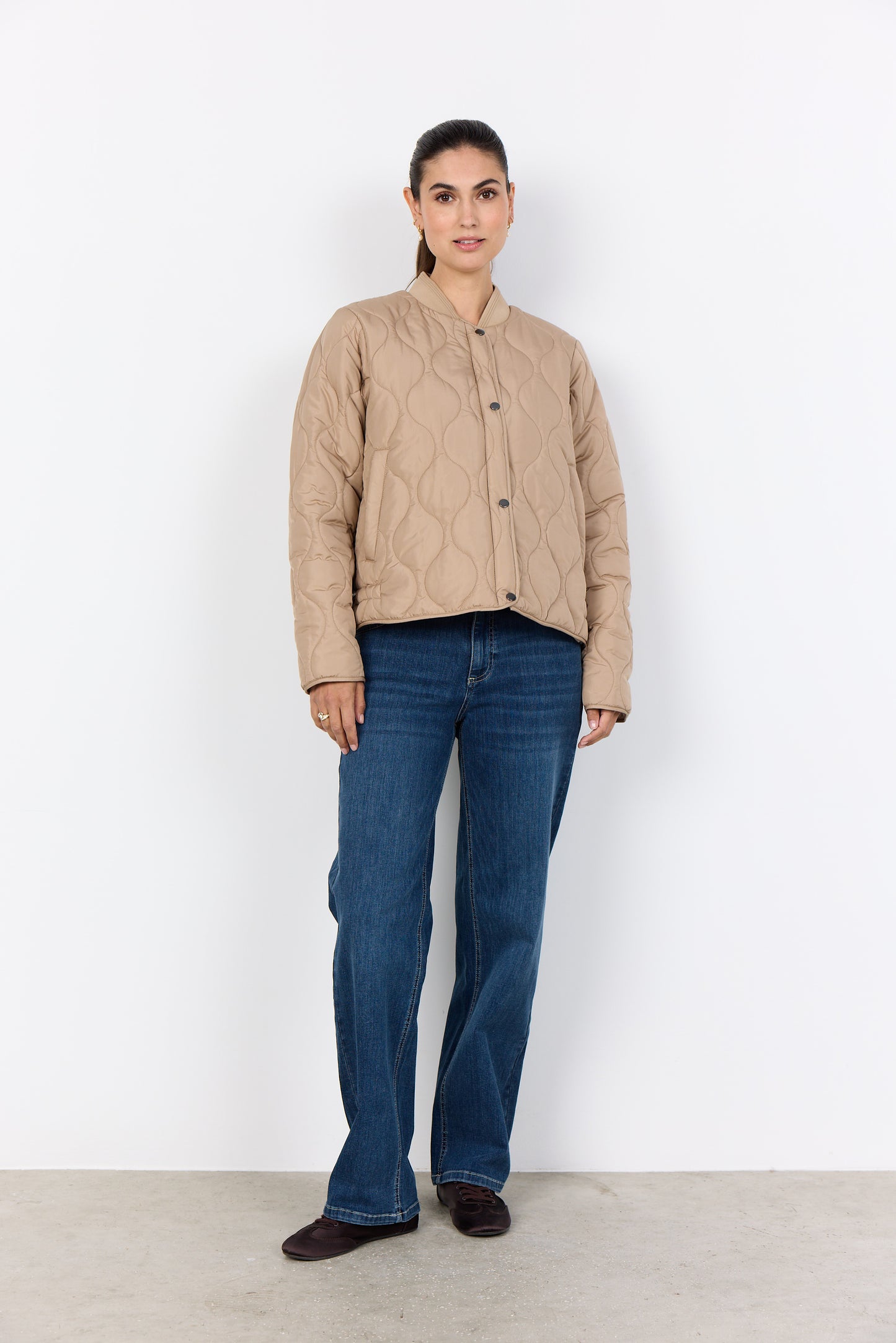 Soya Concept Waist Length Quilted Jacket In Navy, Beige & Toffee