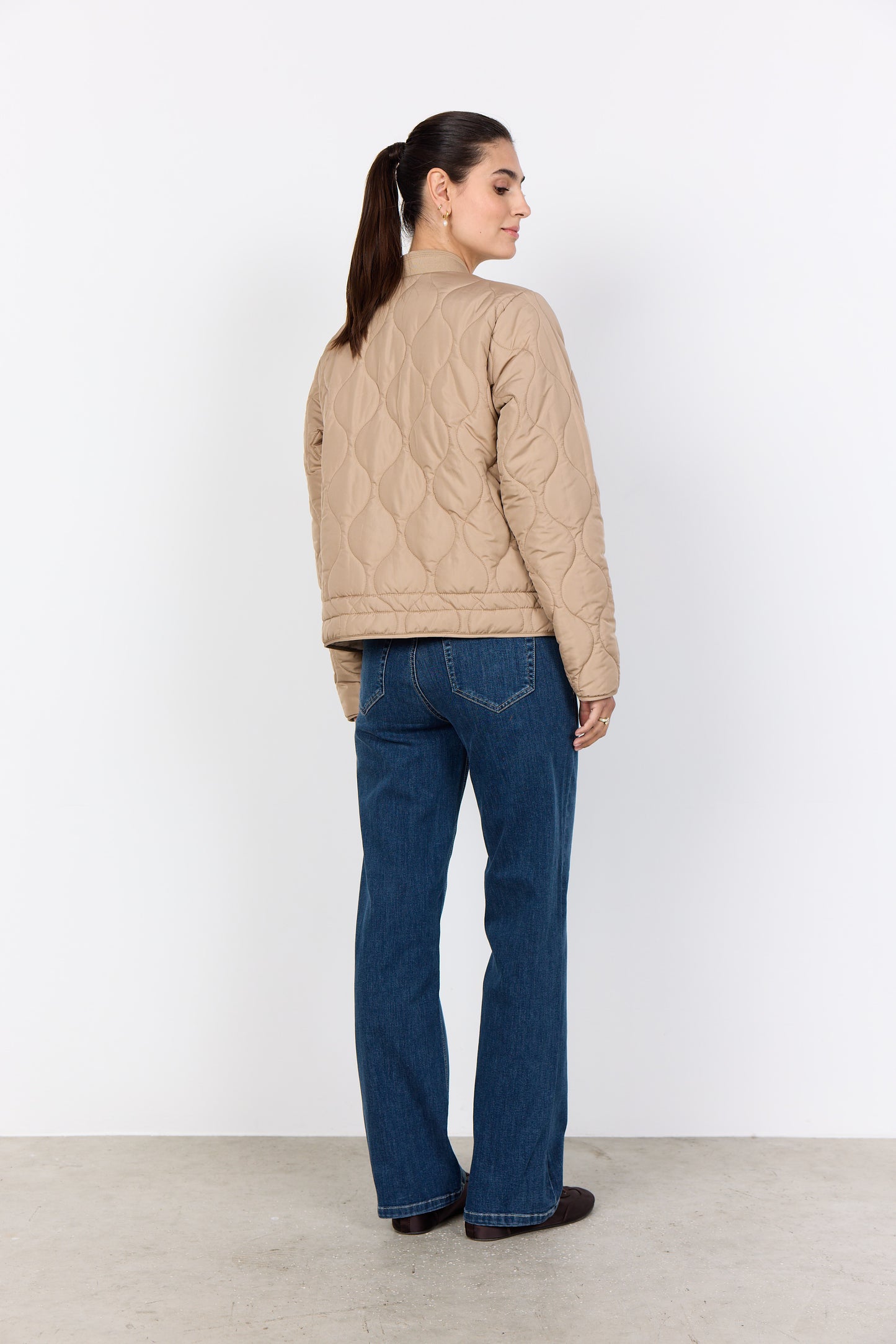 Soya Concept Waist Length Quilted Jacket In Navy, Beige & Toffee