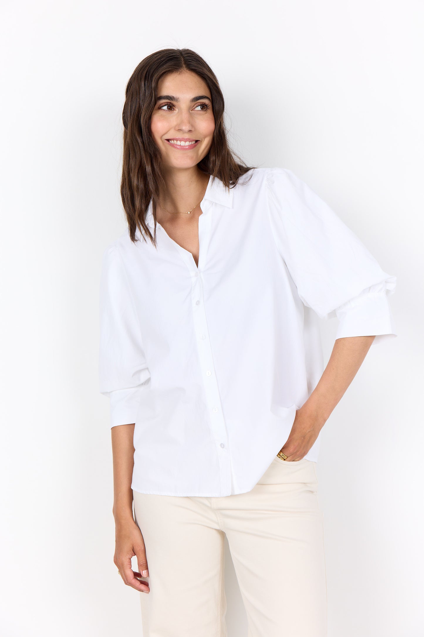 Classic Collared Shirt With Elegant Puffed Sleeve - White & Toffee