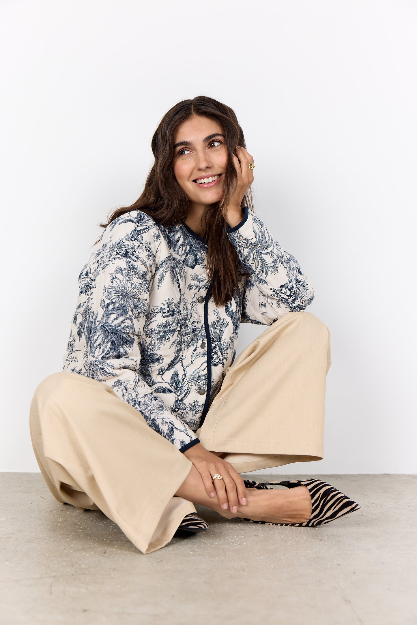 Botanical Print Quilted Jacket - Navy & White