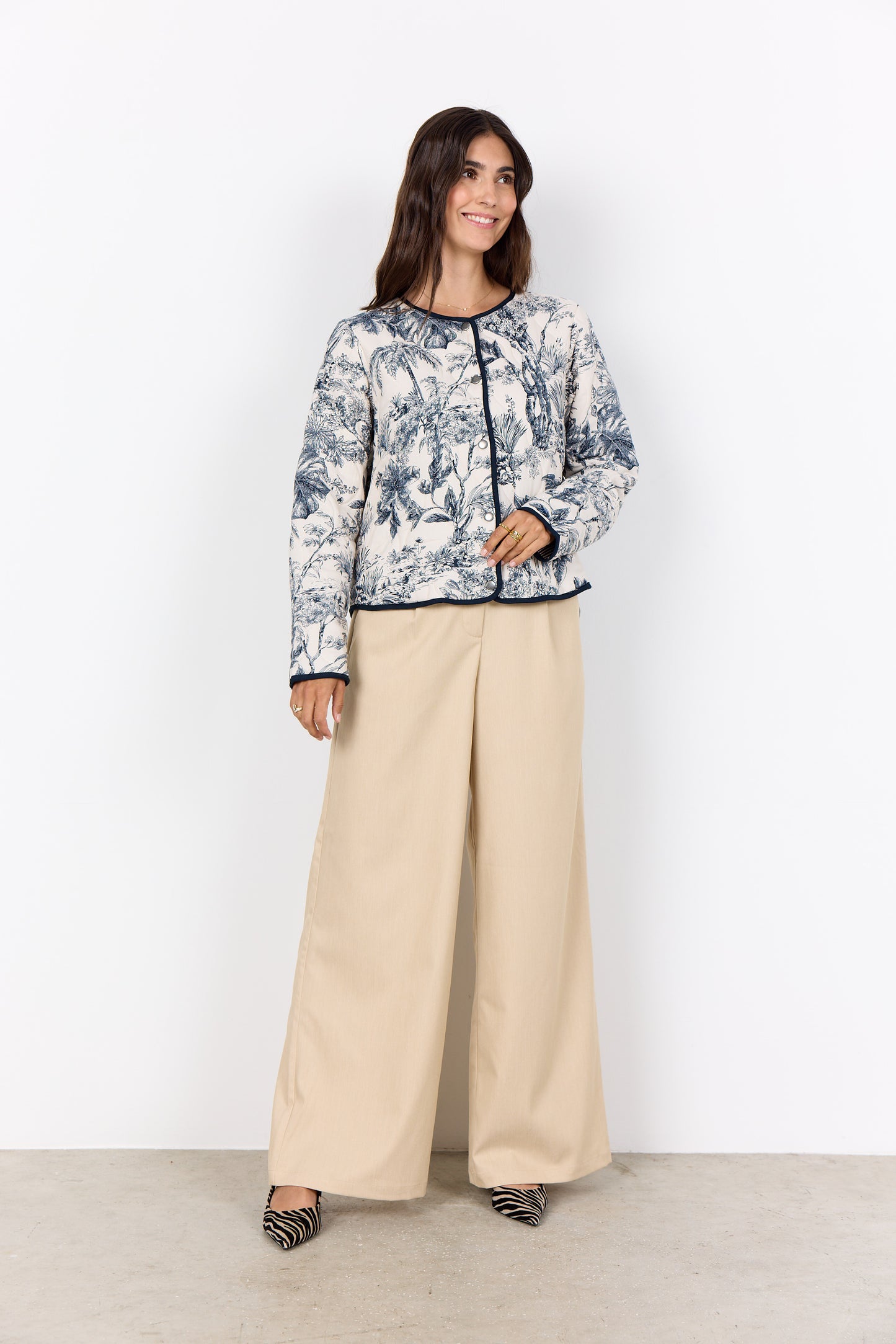 Botanical Print Quilted Jacket - Navy & White