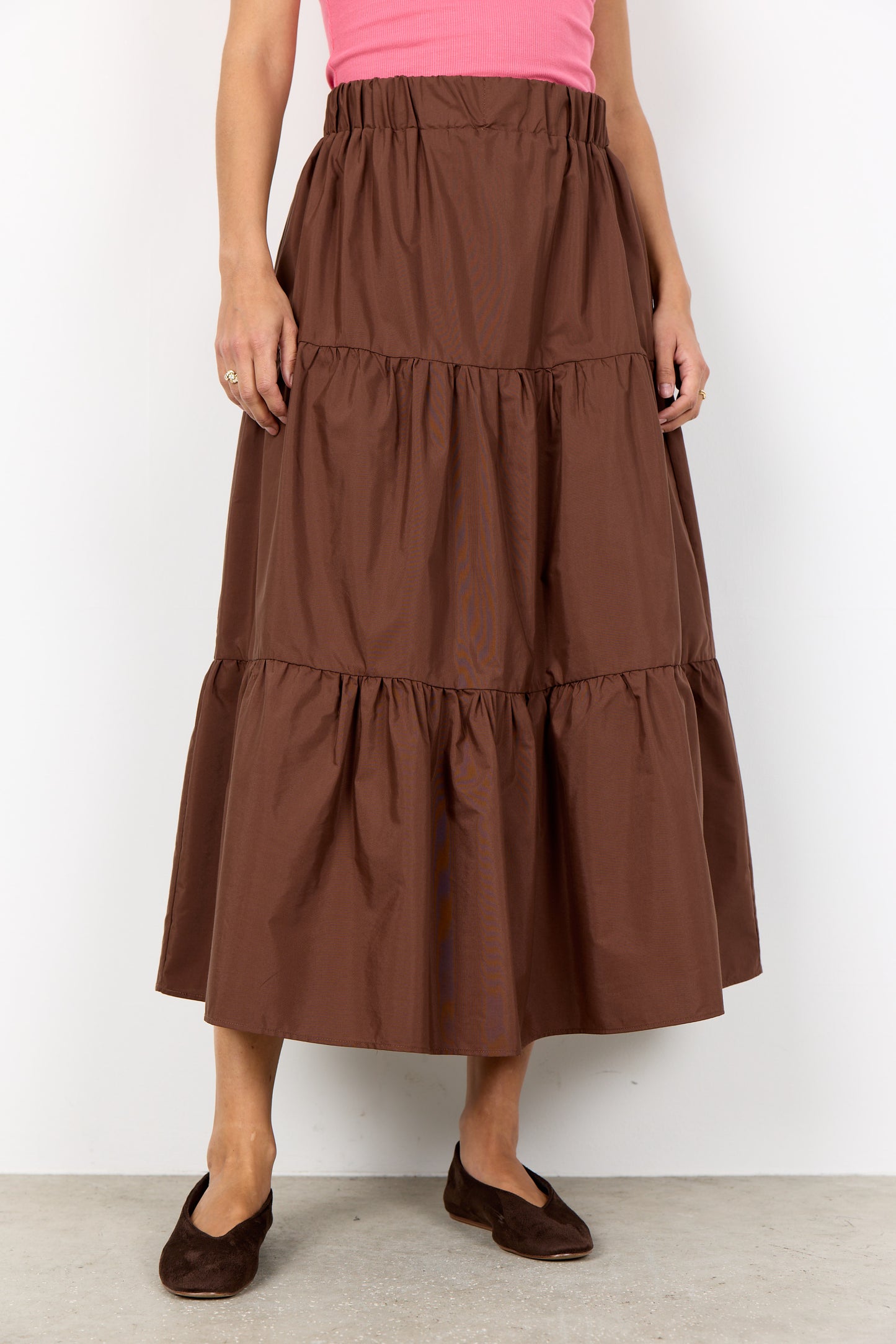 Elegant Flowing A-Line Shirt With Elasticated Waist - Black, Navy & Toffee