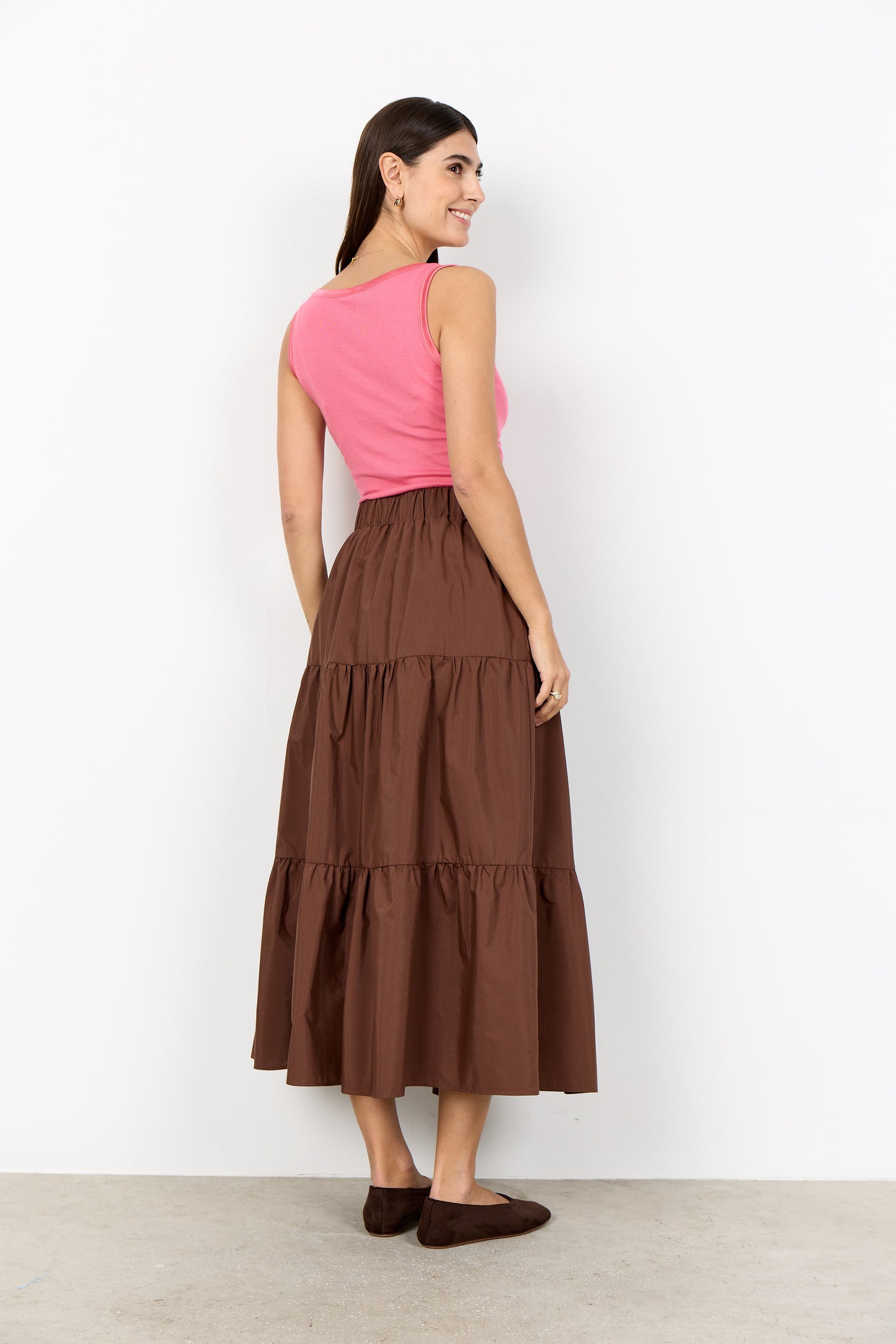 Elegant Flowing A-Line Shirt With Elasticated Waist - Black, Navy & Toffee