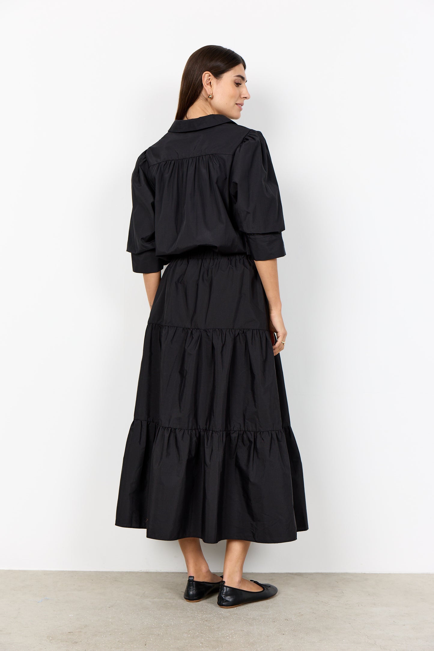 Elegant Flowing A-Line Shirt With Elasticated Waist - Black, Navy & Toffee