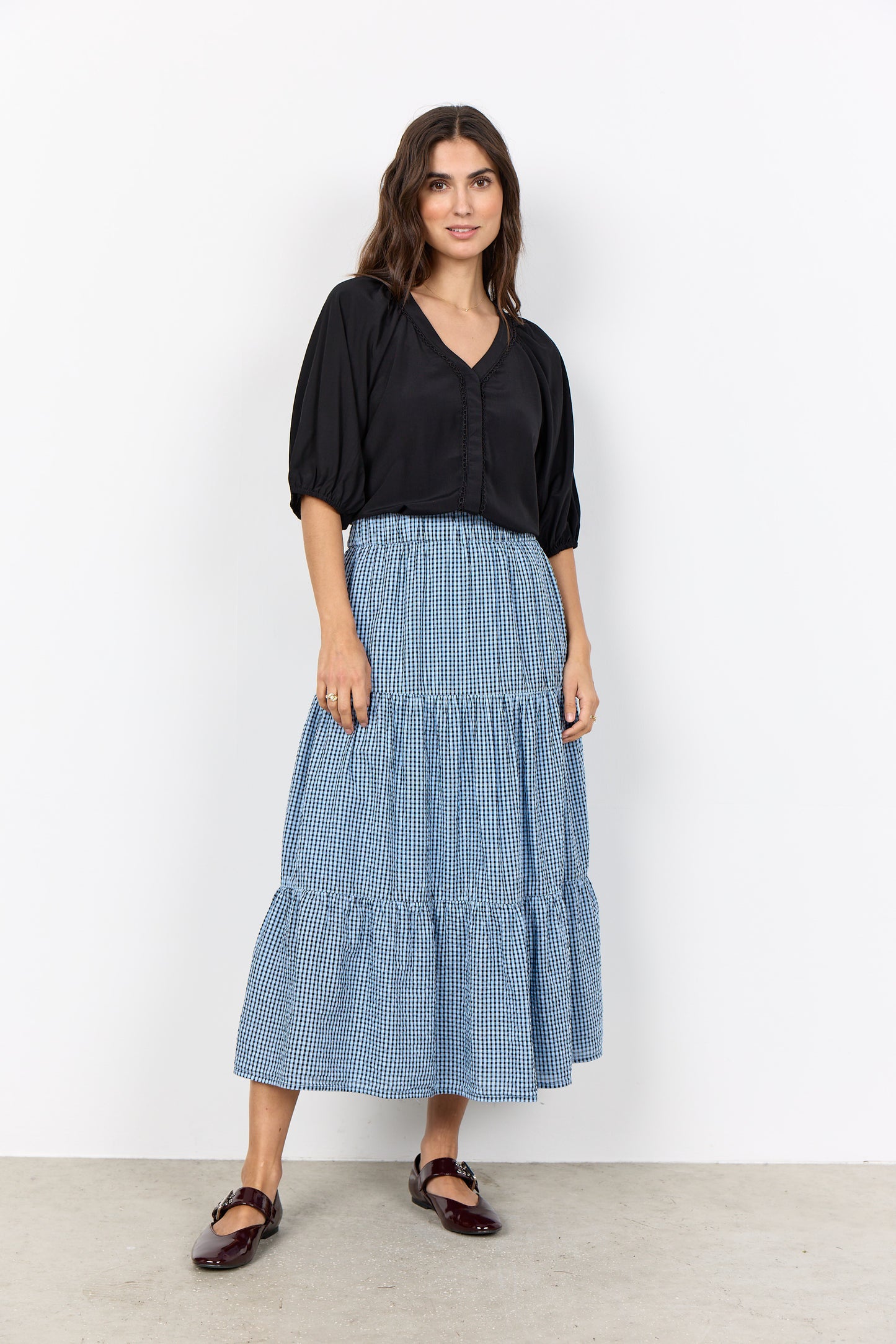 Gingham Check Skirt - Chocolate & Cream / Light Blue & Navy